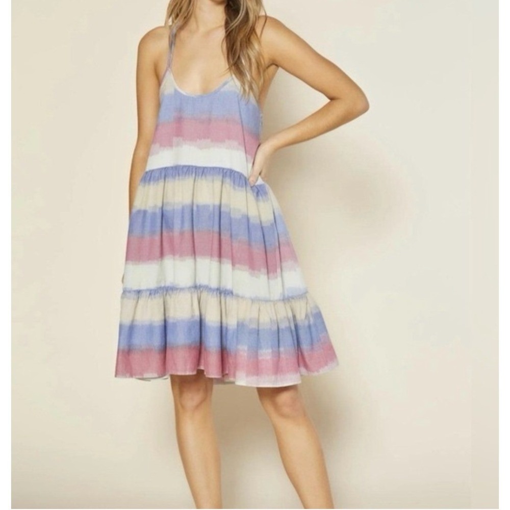 Outerknown Cielo Babydoll Dress Organic Adriatic Striped Tie Dye Tiered NWT L - Picture 3 of 15
